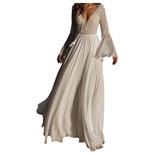Minetom donna scollo v maniche lunghe abiti eleganti vestito lungo ampio pizzo maxi abito da spiaggia festa sera a bianco m