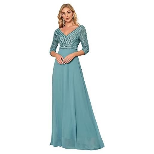 Ever-Pretty abito da damigella paillettes scollo a v linea a chiffon stile impero vestito lungo donna elegante denim blu 44