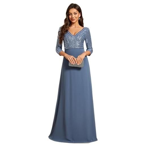 Ever-Pretty abito da cerimonia elegante manica 3/4 scollo a v con paillettes linea a chiffon stile impero chiffion abito da sera nero 48