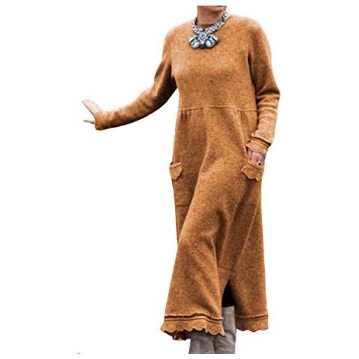 Minetom autunno invernale maglione vestito maglieria maniche lunghe maglione maxi abito vestito lungo knit pullover tinta unita cachi 48