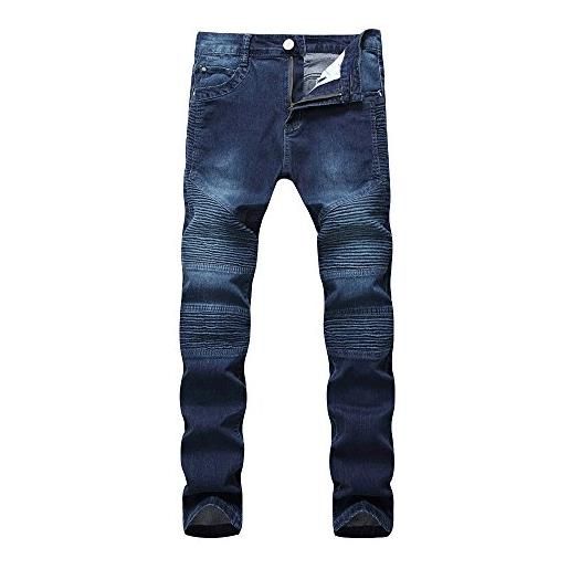 DianShao uomo biker moto jeans denim pantaloni dritto jogging casuale jeans blu marino 40