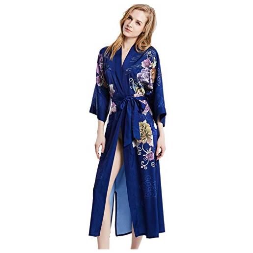 Prettystern donna robe vestaglia extra lungo seta kimono giapponesi estiva camicia da notte floreale blu l15