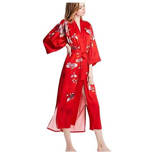Prettystern donna robe vestaglia extra lungo seta kimono giapponesi estiva camicia da notte grigio argento l05