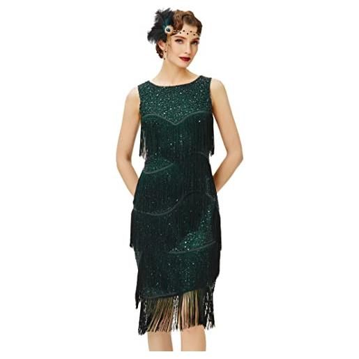 Coucoland - vestito con frange anni '20, elegante e ruggente anni '20, con nappe multistrato, stile gatsby, abito vintage con perline da sera, cocktail party verde scuro xxl