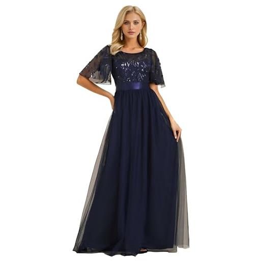 Ever-Pretty abiti da cerimonia stile impero maniche corte linea ad a elegante scollo a rotondo donna tulle denim blu 48