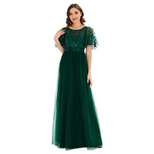 Ever-Pretty abiti da cerimonia stile impero maniche corte linea ad a elegante scollo a rotondo donna tulle blu polveroso 42