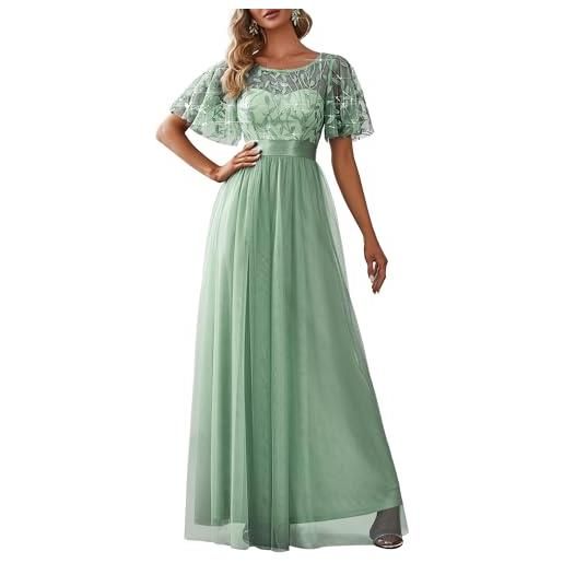 Ever-Pretty abiti da cerimonia stile impero maniche corte linea ad a elegante scollo a rotondo donna tulle oro 50