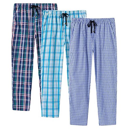 MoFiz pantaloni da pigiama uomo classici in cotone lungo pantaloni da casa quadri leggero traspirante con tasche vita elasticizzata 3pack-d l