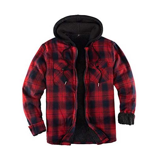 ZENTHACE giacca camicia a quadri da uomo foderata in sherpa con zip intera e cappuccio, rosso/grigio. , m