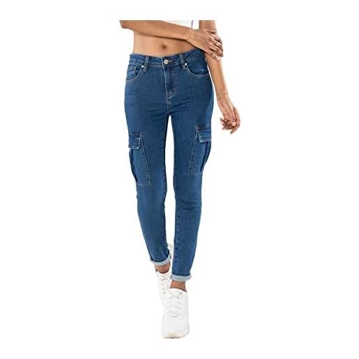 Nina Carter s353 - pantaloni cargo da donna, skinny fit, jeans cargo, jeans elasticizzati, look usato, camel (s352-2), m