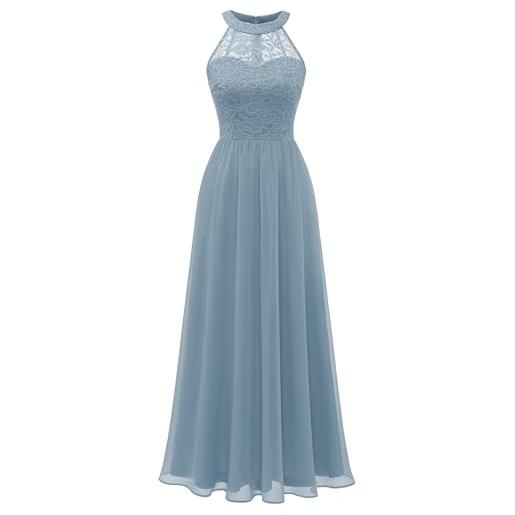 Wedtrend - abito da sera da donna, lungo, con allacciatura al collo, abito da cocktail, elegante, per matrimonio, laurea, in pizzo e chiffon, l