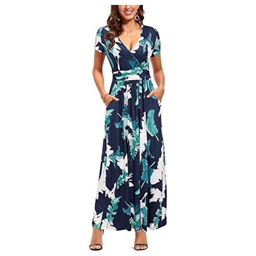 OUGES abito estivo donna manica corta con scollo a v abito casual boho maxi abito con tasche abito da festa