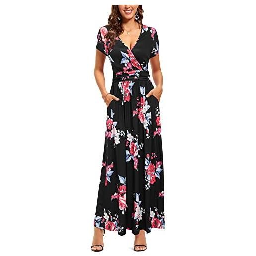 OUGES abito estivo donna manica corta con scollo a v abito casual boho maxi abito con tasche abito da festa