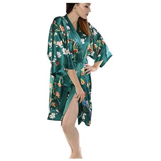 Prettystern donna kimono robe vestaglia raso seta lungo al ginocchio abito giapponesi camicia da notte avorio sk15