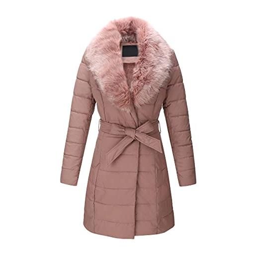 Giolshon piumino donna cappotti lunghi invernali caldi con cintura con collo in sintetica staccabile 5527 rosa m