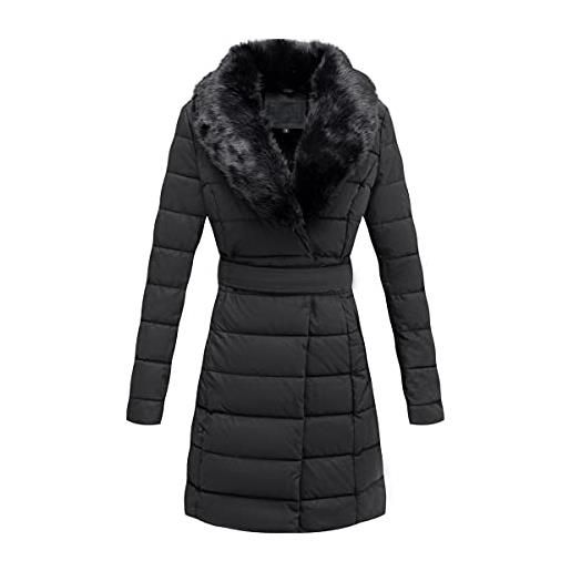 Giolshon piumino donna cappotti lunghi invernali caldi con cintura con collo in sintetica staccabile 5527 nero m