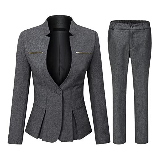 Yynuda - completo tailleur da donna, 2 pezzi, slim fit, giacca a bottone unico, con gonna o pantalone, da ufficio, grigio 1, xl