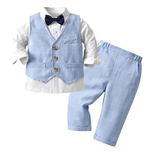 AIEOE 3 pcs completo neonato maschio battesimo camicia + giacca + pantaloni + cravatta a farfalla maniche lunghe adatto da 9-12 mesi blu