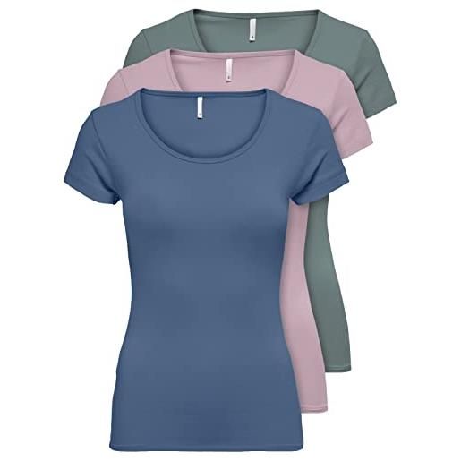 Only 15209153 - confezione da 3 magliette da donna a maniche corte basic, essenziali, estive, nero o bianco, xs