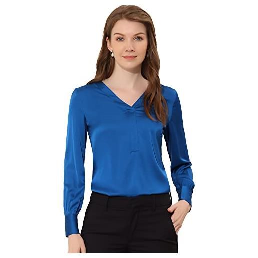 Allegra K camicia da lavoro vintage a maniche lunghe in raso elegante da donna, blu reale, 40