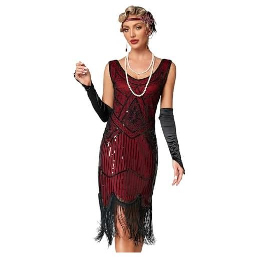 Viloree vestito gatsby donne 1920s donna flapper dress paillette impreziosito frange gatsby dress senza maniche nero & rosso s