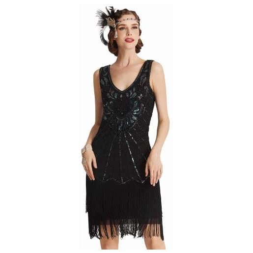 BABEYOND vestito gatsby donne 1920s vestito abito anni 20 donna flapper dress 1920s vestito da sera paillette impreziosito frange gatsby dress senza maniche (nero 2, xs)