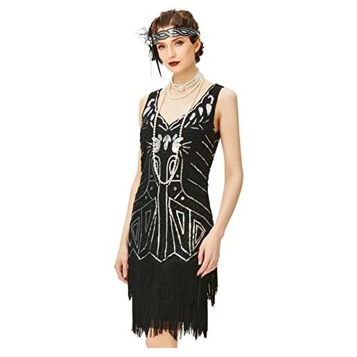 BABEYOND vestito gatsby donne 1920s vestito abito anni 20 donna flapper dress 1920s vestito da sera paillette impreziosito frange gatsby dress senza maniche (oro nero 1, xs)