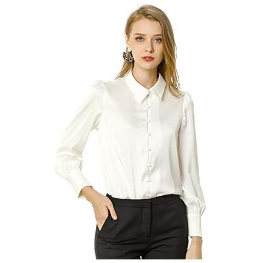 Allegra K camicia da donna in raso con maniche a sbuffo con colletto a punta, stile vintage, bianco, m