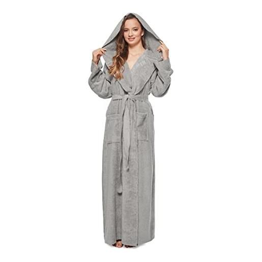 Arus accappatoio con cappuccio donna, extra lungo, 100% cotone spugna vestaglia per doccia sauna piscina spa hotel casa, bianco, l