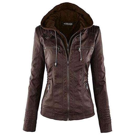 Newbestyle giacca in ecopelle per donna con cappuccio moto biker giacca full zip cappotto pieghettato cappotto casual top caldi, marrone scuro, 48