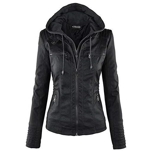 Newbestyle - giacca da donna con cappuccio in finta pelle trapuntata con zip marrone scuro 40