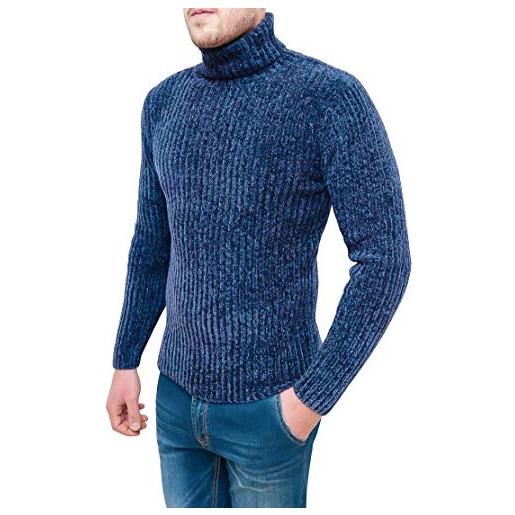 Evoga pullover dolcevita uomo a collo alto maglione invernale in ciniglia (l, blu scuro)