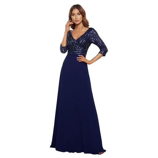 Ever-Pretty abito da cerimonia elegante manica lunga scollo a v con paillettes linea ad a chiffon donna blu polveroso 58