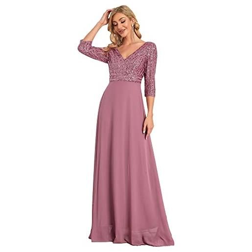 Ever-Pretty abiti da sera elegante manica lunga scollo a v con paillettes linea ad a chiffon donna bianco 38