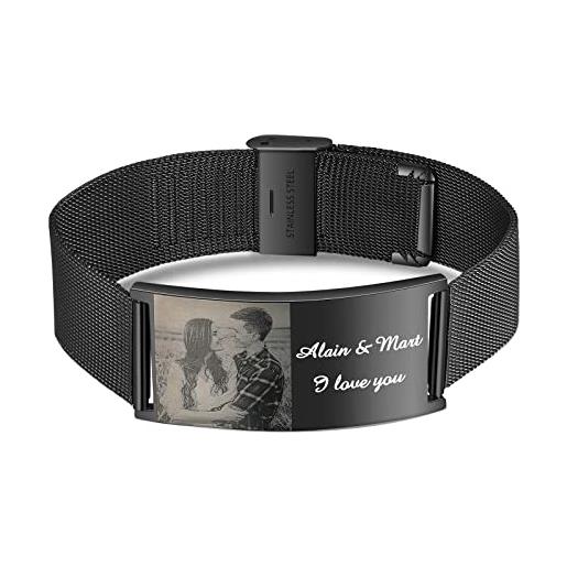 kaululu uomo nome bracciale con nome foto inciso in nero mesh acciaio inossidabile personalizzato braccialetto regalo per lui padre e figlio/fratello/marito