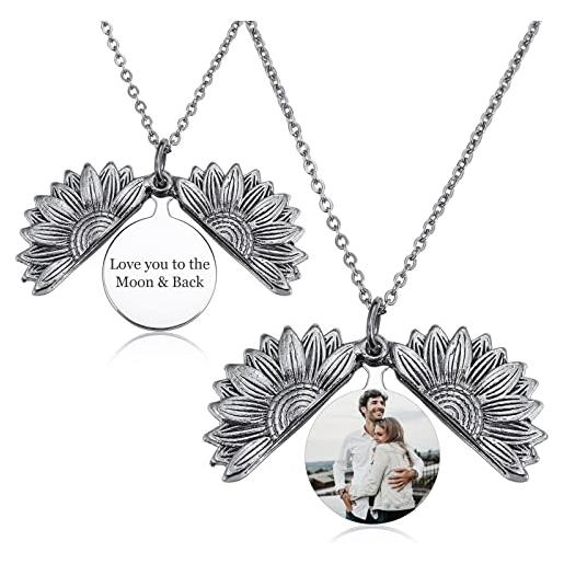 INBLUE collana di girasole per donna regali personalizzati per sorelle personalizzati con foto e testo nascosti ciondolo in acciaio inossidabile e lega regalo per la figlia della mamma