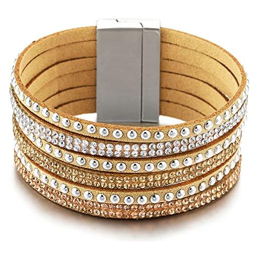 COOLSTEELANDBEYOND largo multi-fila donna braccialetto beige marrone pelle con rivetti e strass, cuoio fascia di polso, bracciali avvolgere