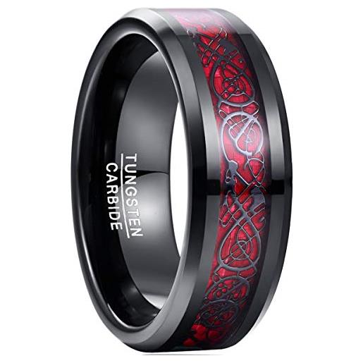 NUNCAD 8mm anello uomo/donna nero in tungsteno con drago celtico e fibra di carbonio rosse per matrimonio fidanzamento, taglia 22