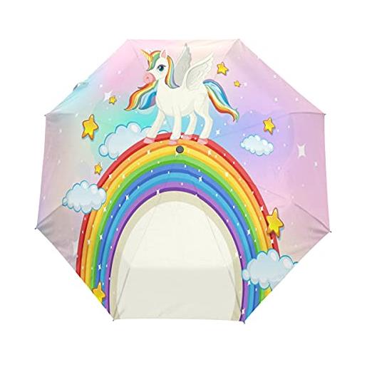 LDIYEU simpatico unicorno pastello cielo arcobaleno ombrello pieghevole automatico portatile con apertura e chiusura automatica a pulsante protezione uv ombrelli per viaggi bambini ragazzi ragazze