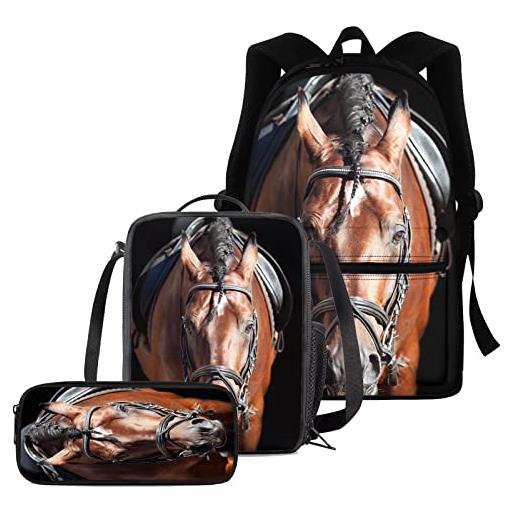 chaqlin set di borse per la scuola per ragazzi e ragazze, set di 3 pezzi con borsa + portapranzo termico + astuccio, cavallo 3d, zaino per bambini