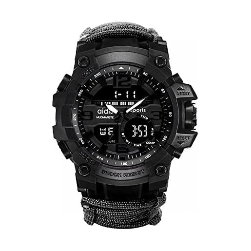 XHJL orologio da polso digitale, orologi tattico militare sportivi di emergenza unisex con paracord/fischietto/accendifuoco/raschietto/bussola e termometro, attrezzatura da esterno 6 in 1 (black)