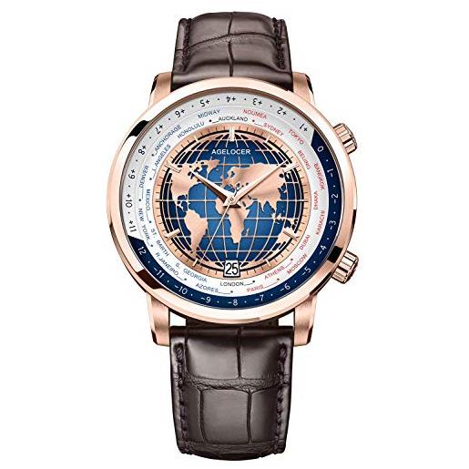Agelocer orologio da uomo con quadrante con diamanti originali e quadrante blu, calendario meccanico, alla moda, nk_5201d2, cinturino