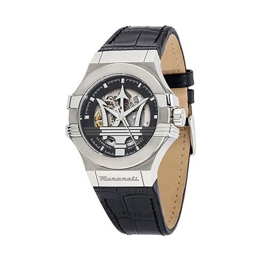 Maserati orologio da uomo, collezione potenza, movimento meccanico automatico, solo tempo, in acciaio e cuoio - r8821108001