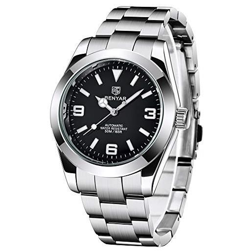 RollsTimi benyar, orologio analogico da uomo, automatico, alla moda, con cinturino in acciaio inox, impermeabile, luminoso (5177 nero), 5177 nero
