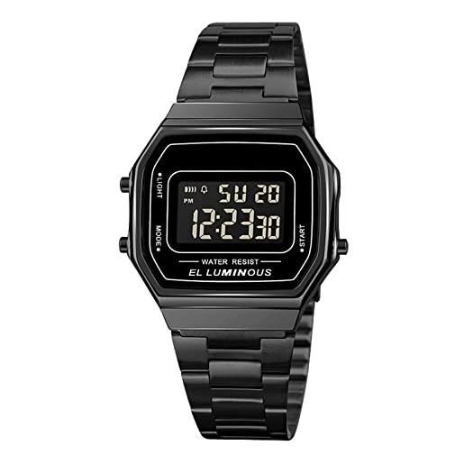FAMKIT orologio digitale da uomo con cinturino in acciaio inossidabile retroilluminato a led orologio impermeabile display elegante orologio da polso per uomo, nero
