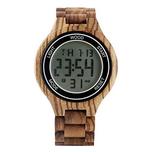 OIFMKC orologio in legno orologio da uomo in legno naturale marrone orologio digitale orologio da polso con bracciale in legno calendario completo display a led quadrante rotondo o
