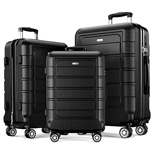 SHOWKOO set di valigie rigide 3 pezzi espandibile abs+pc leggero ultra durevole valigia trolley da viaggio con chiusura tsa e 4 ruote doppie (m-l-xl, nero)