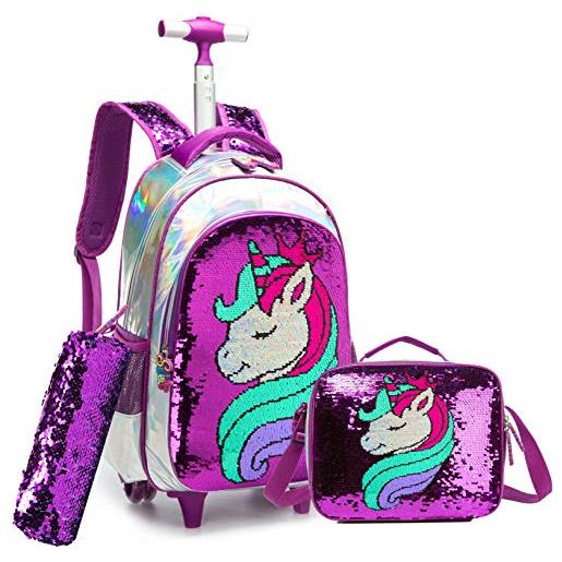 HTgroce zaino magico per bambina reversibile con paillettes borsa da scuola per ragazzi zaino con ruote con pranzo scatola unicorno viola