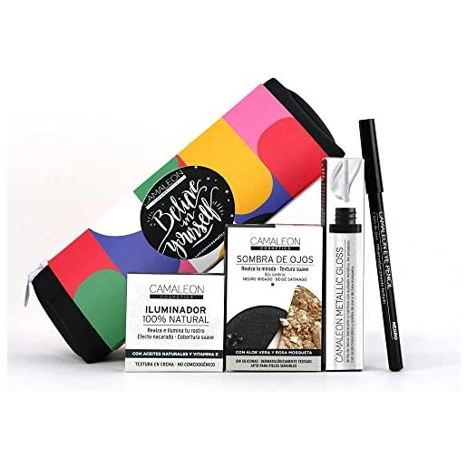 Camaleon cosmetics - pack make. Up berlino - smokey eyes - set occhi + illuminante bianco + gloss madreperla - beauty case in regalo - vegano. 