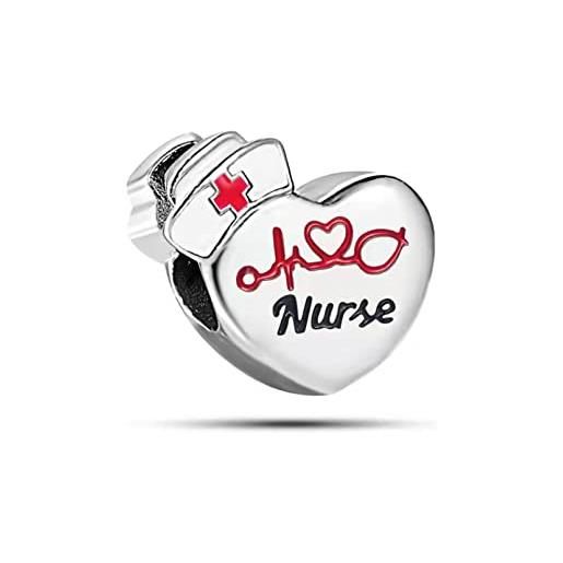 LSxAB charm per infermiera, motivo: cuore, amore, infermiera, stetoscopio, r. N, caduceo, compatibile con braccialetti pandora, rame, nessuna pietra preziosa